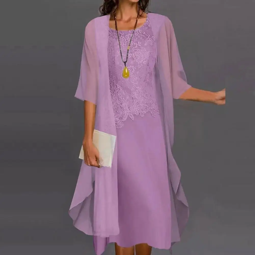 

40%HOT 2Pcs/Set O-Neck Sleeveless Loose Hem Midi Dress Coat Set Lace Patchwork Vest Style Dress Chiffon Cardigan Set Ladies Clot