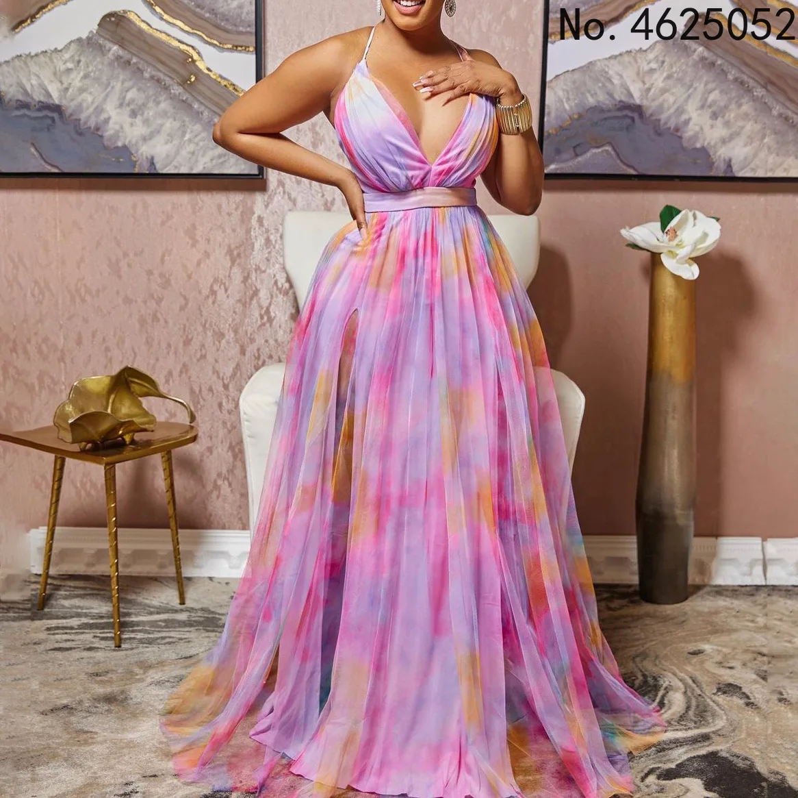 

Summer 2022 Fashion Style African Women Sleeveless Polyester Halter V-neck Pink Purple Blue Long Dress Africandresses for Women