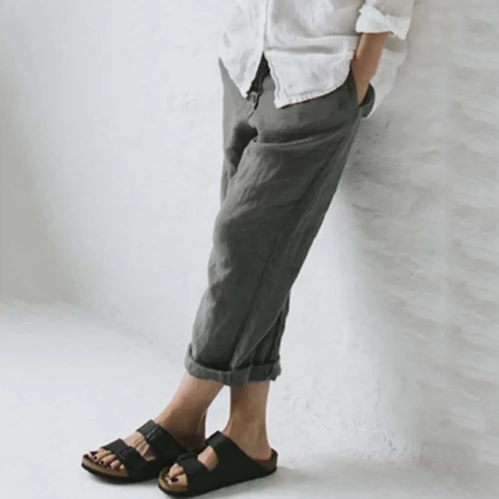 

Casual Vintage Solid Woman Pants 2022 Summer Breathable Cotton Linen Pockets Long Trousers Female Streetwear Ladies Bottom Cloth