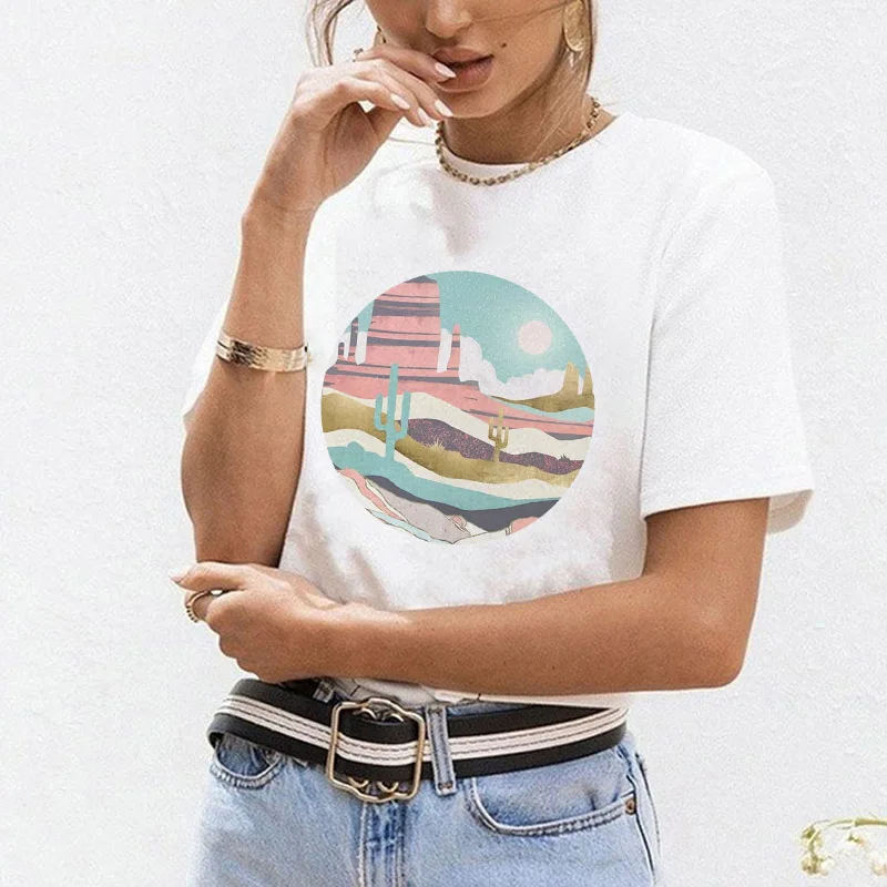 

Color Graphic Print Women T Shirt White Short Sleeve O-neck Tshirt Casual T shirt Streetwear Lady 2021 New T-shirt Creativity