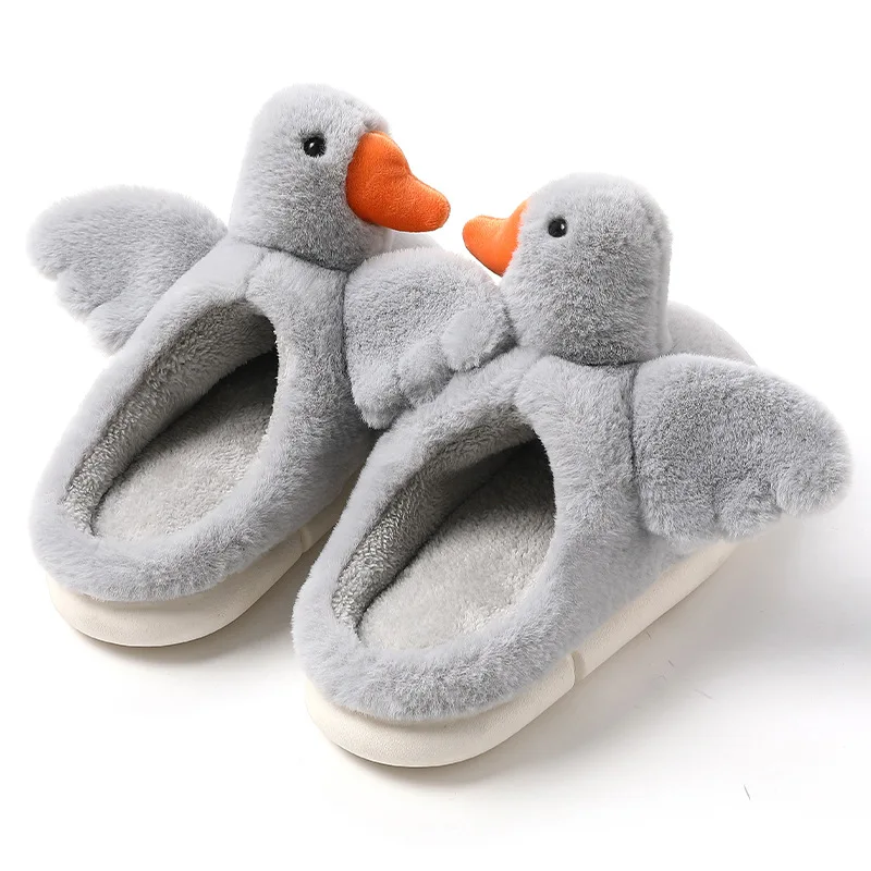 Women Cotton Slippers Indoor Home Floor Couples Winter Shoes Cute Cartoon Goose Warm Plush Soft Sole Ladies House Slides