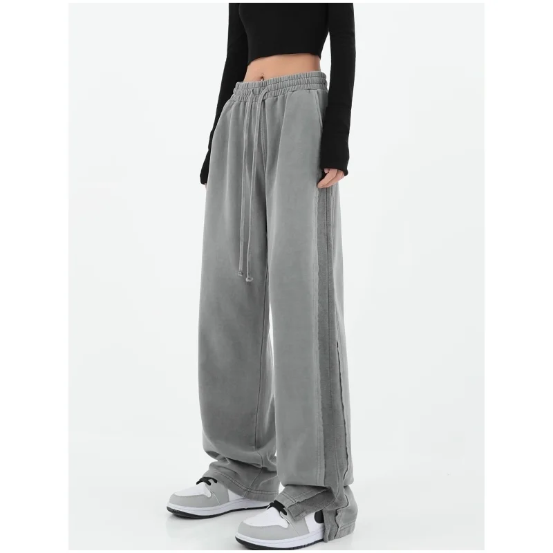 

Брюки женские серые повседневные с высокой талией, мешковатые модные прямые штаны с широкими штанинами в американском стиле, уличная одежда в винтажном стиле