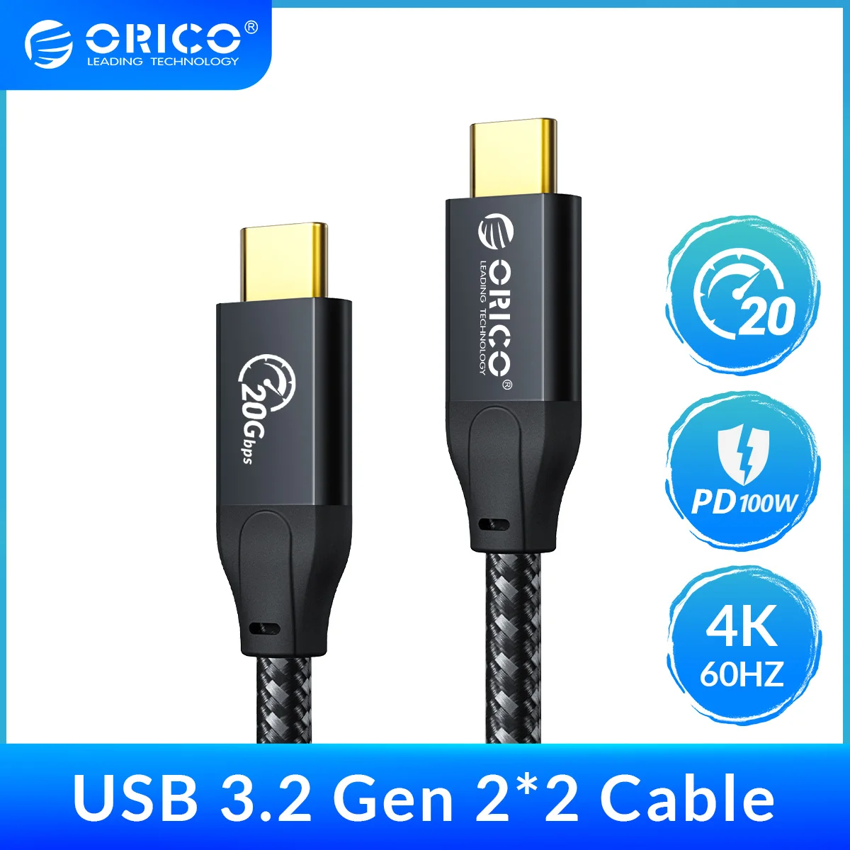 

ORICO USB C to USB C 3.2 Gen2×2 Cable 20Gbps Data Transfer 4K@60Hz Video Output 100W PD Fast Charging Compatible with MacBook