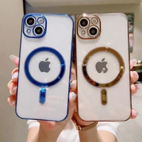 luxury plating phone case for magsafe for iphone 13 12 11 pro max 12 13 mini magnetic wireless charging transparent case cover