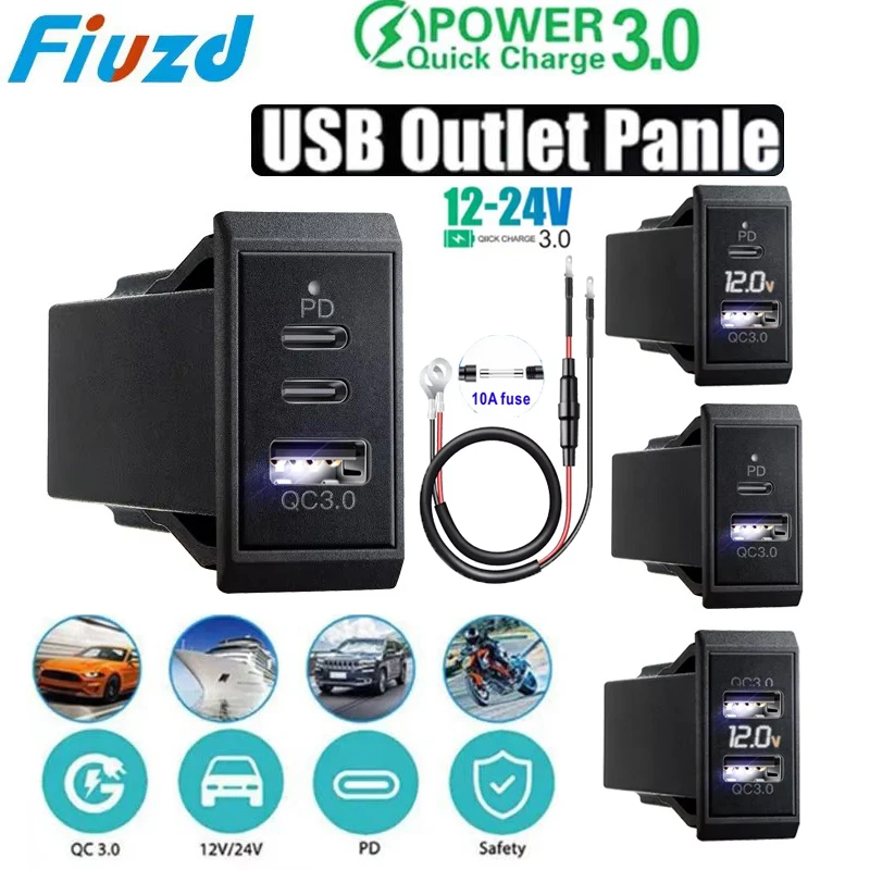 Фото Автомобильное зарядное устройство USB C, 12 В/24 В, 3 USB-разъема PD3.0 и QC3.0, автомобильный USB-порт со светодиодным вольтметром №1