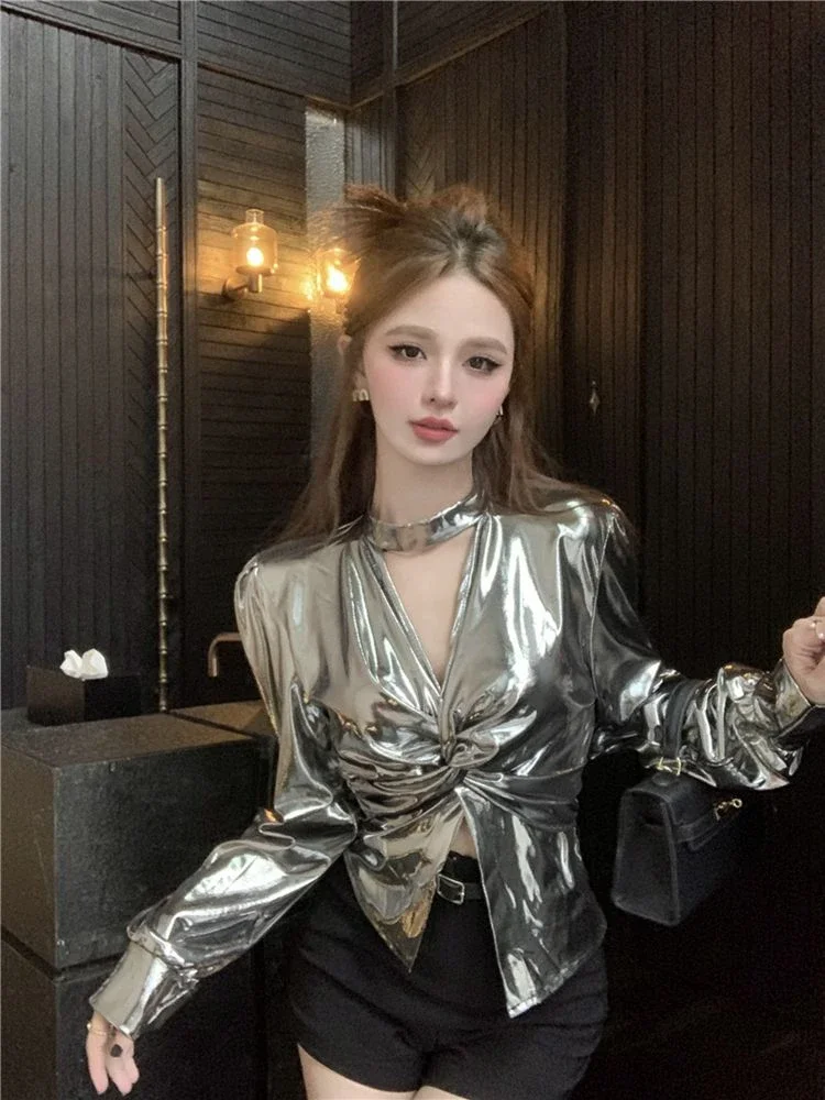 Осень 2024 Harajuku Серебряная винтажная футболка с лямкой на шее Сексуальные