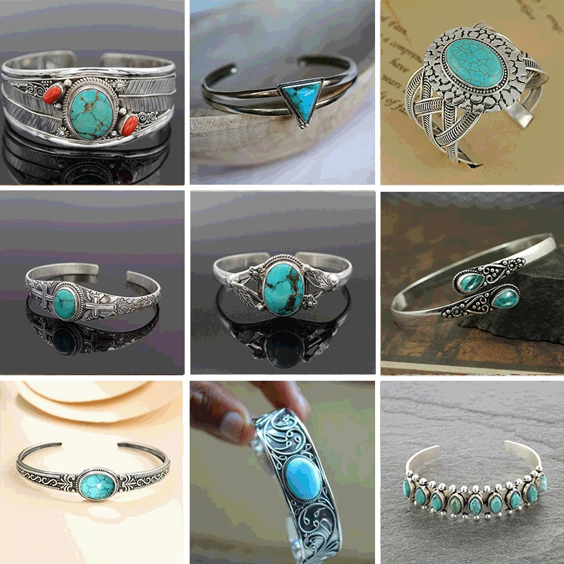 

Vintage Turquoises Jewelry Natural Stone Bracelets Elegant Open Adjustable Cuff Bangles for Women Men Party Jewelry Gifts