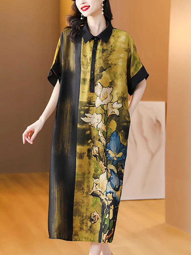 

Women Floral Silk Short Sleeve Polo Collar Long Dress Summer Elegant Casual Loose Vestidos 2023 Korean Vintage Formal Dress