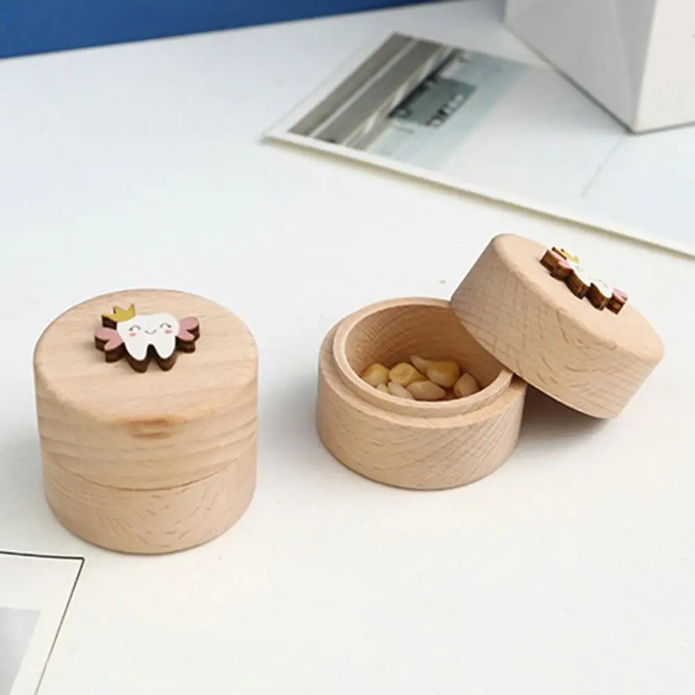 

Tooth Storage Box Tooth Wooden Box Cute Cartoon Wood Baby Teeth Box Round Keepsake Container for Teeth Ideal Birthday for Boys