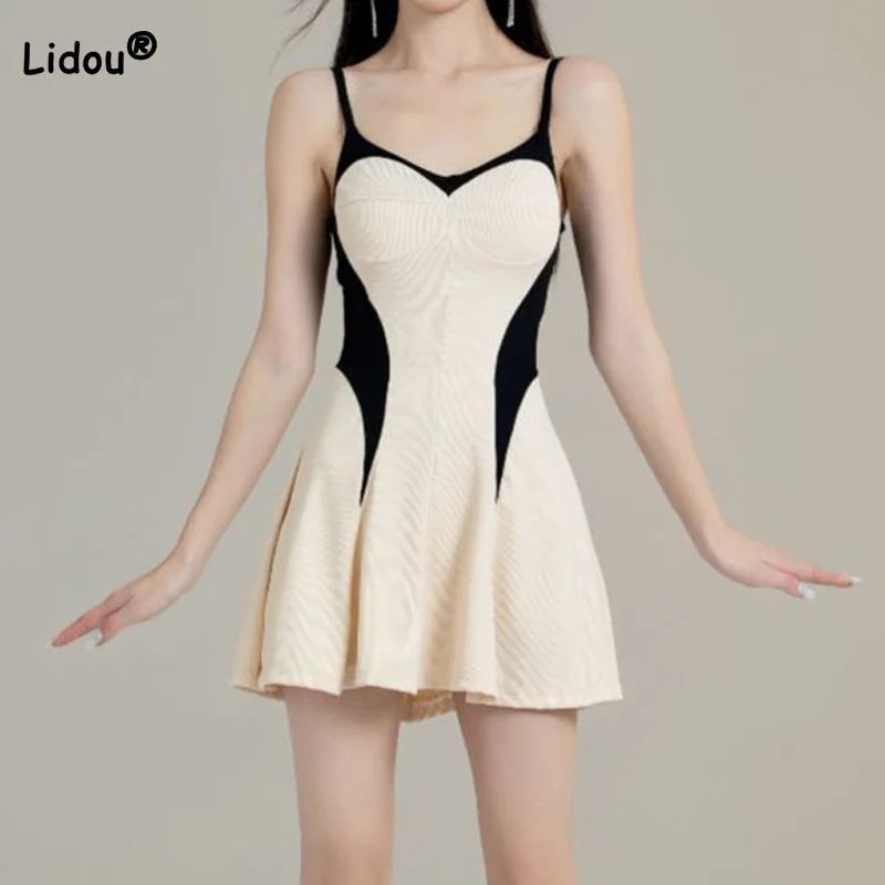 

New Fashion Contrast Color Spliced Sexy Slings Women's Swimsuit Summer Bikinis Swimwear Women One Piece Korean High Waist Dress