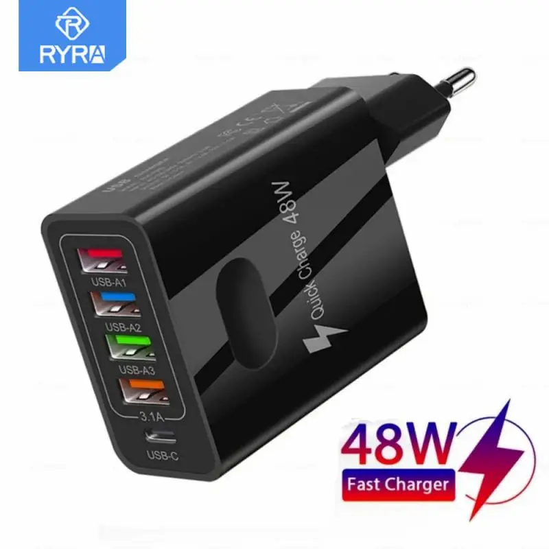 

RYRA 5 IN 1 4USB A+PD Charger Charging EU/US/UK Plug Tablet Portable Adapter For IPhone Xiaomi Wall Mobile Charger Wall Charger