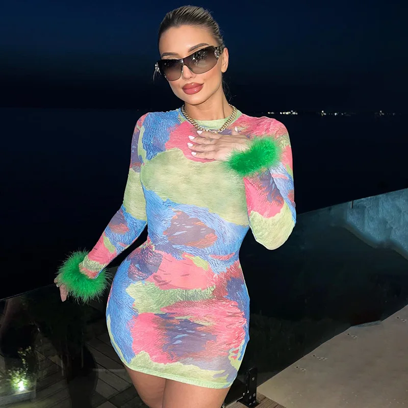 

Women's Clothing 2023 Autumn New Fashion Printed Slim Fit Round Neck Long Sleeves Frayed Dress Tie Dye Mini