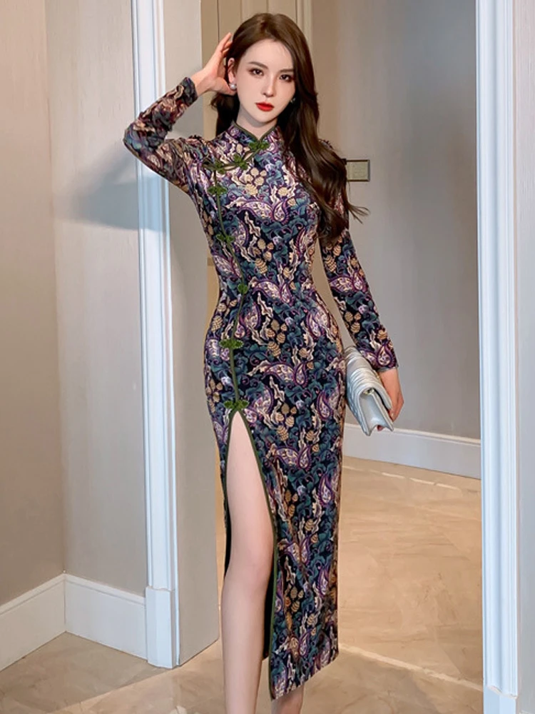 Бархатное улучшенное китайское платье-Ципао женское Современное в стиле ретро