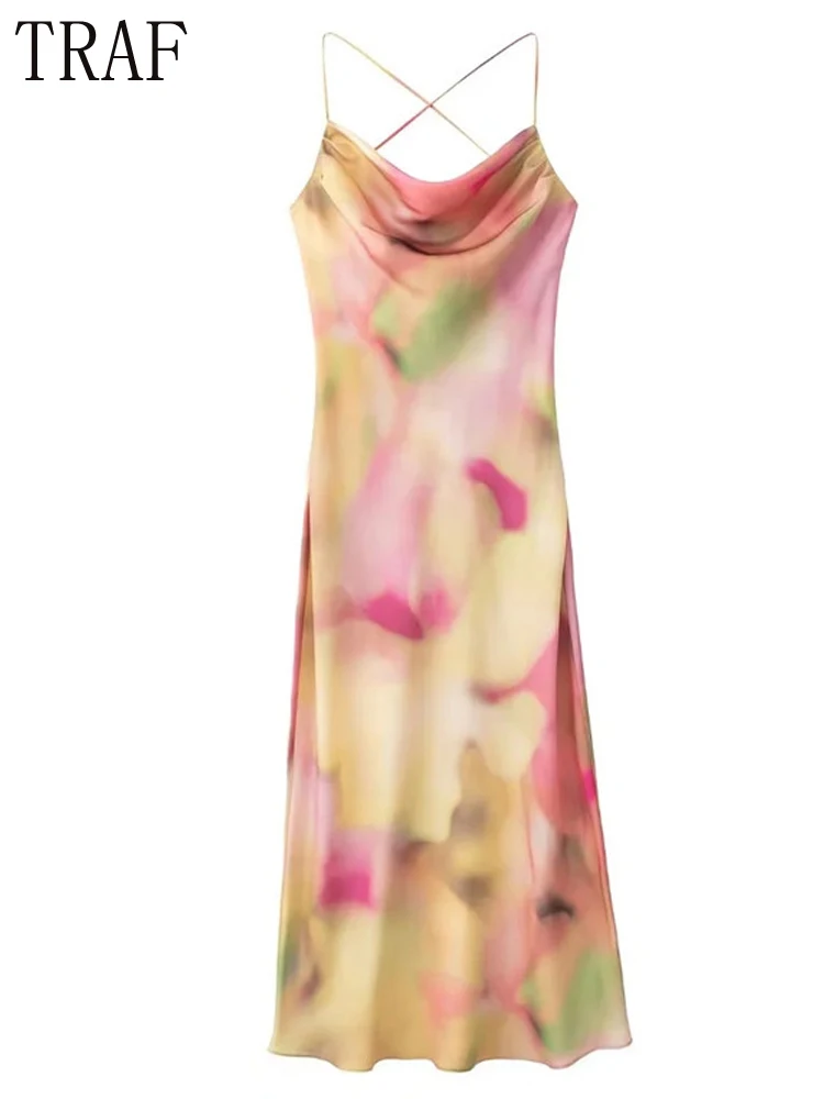

TRAF Zar 2022 Tie Dye Long Dress Women Print Slip Dress Sleeveless Backless Party Dresses Sexy Cross Strappy Night Dresses