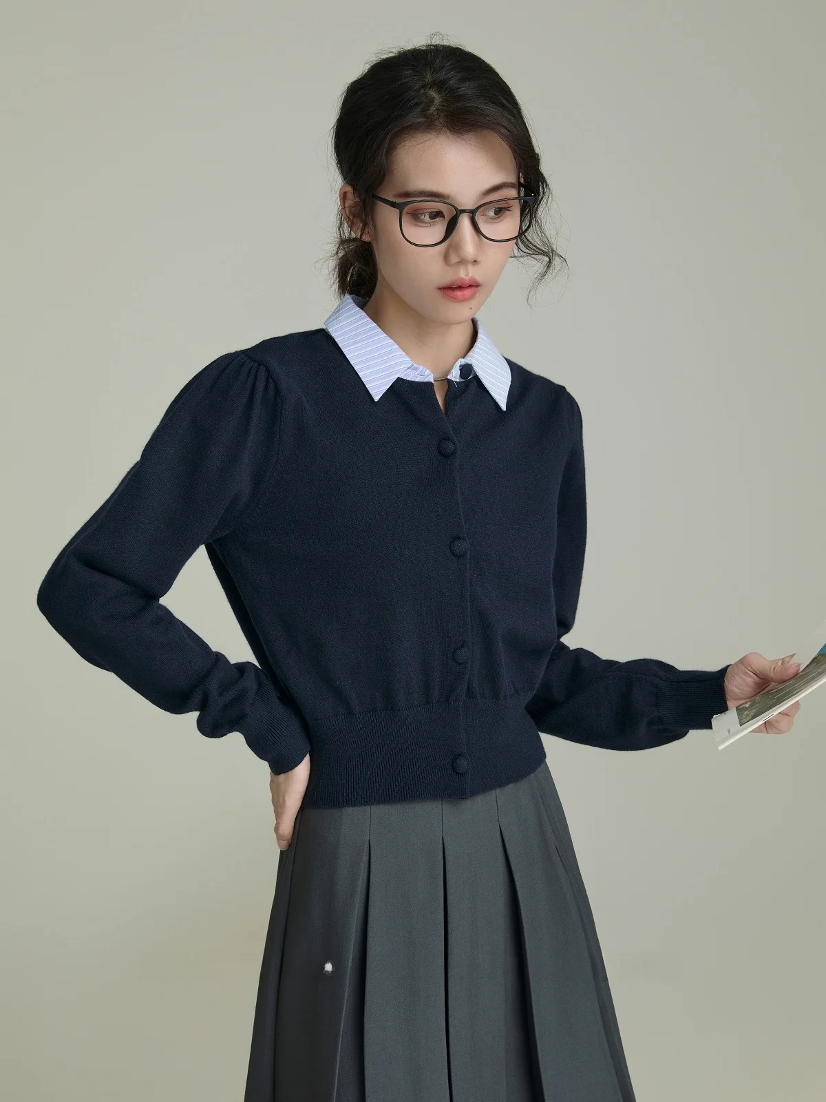 Синий вязаный кардиган с круглым вырезом и длинными рукавами &quotSujing&quot для женщин