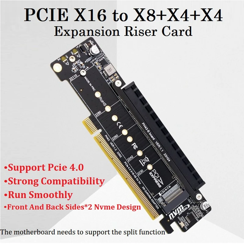 

PCIE4.0 X16 до X8 + X4 + X4 разделенная карта PCIE4.0 2 NVME входной порт расширения Райзер карты PCIE4.0 разделенный адаптер расширения