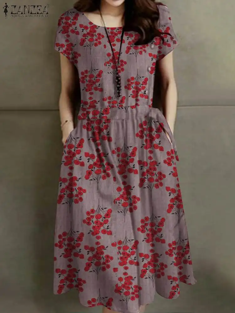 

ZANZEA Femme Short Sleeve O-Neck Midi Sundress Casual Dress Summer Floral Printed Holiday Vestidos Women Elegant Fashion Robe