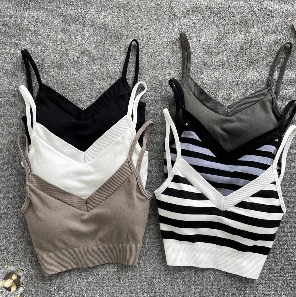 

Spaghetti Strap Tank Camis For Women Almighty Casual Striped Patchwork Femme Croset Crop Tops With Built in Bras Woman Camisoles