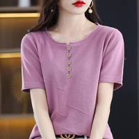 spring and summer new round neck solid color casual temperament pure cotton thin section knitted short sleeved womens top