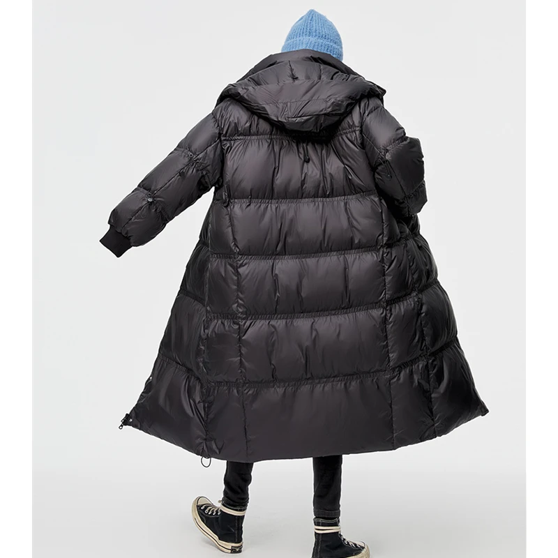 Women Down Parka Mid Length Black Jacket Baggy Winter Waterproof Warm Duck Feather Down Female Hooded Puffer Coat Bubble Outwear