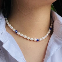 real freshwater pearls bead necklaces for women evil blue eye vintage collares trendy choker gold color stainless steel clasp
