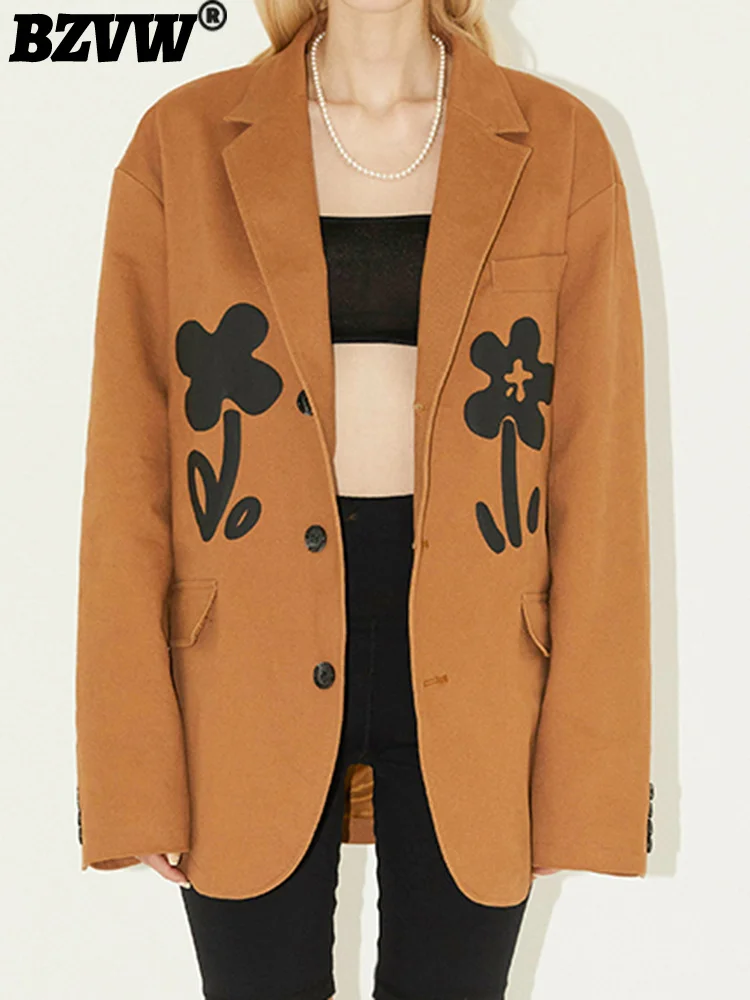 

BZVW Vintage Coffee Printing Blazer For Women 2023 Fashion Designer Versatile Niche Suit Coat Female 2023 New Trend 25X01701