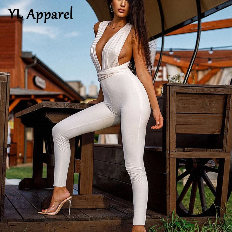 

New Fashion Deep V-neck Backless Bodycon Jumpsuits Nightclub Wear Sexy 2022 Summer Female Sleeveless Party Bodysuits Outfits