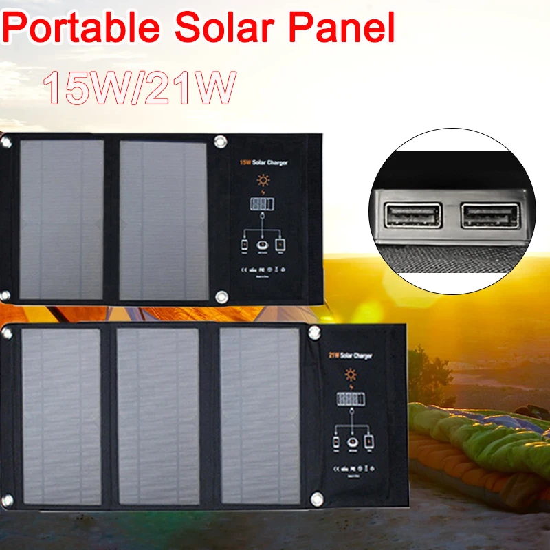 

15W/ 21W Outdoor Flexible Portable Solar Panel 5V Double USB Foldable Waterproof Sunpower Solar Energy Panel Charger for Camping