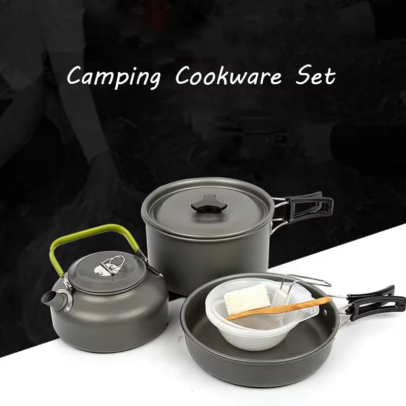 Портативный Кемпинговый Cookset Алюминиевый Уличный Набор Посуды С Сковородой