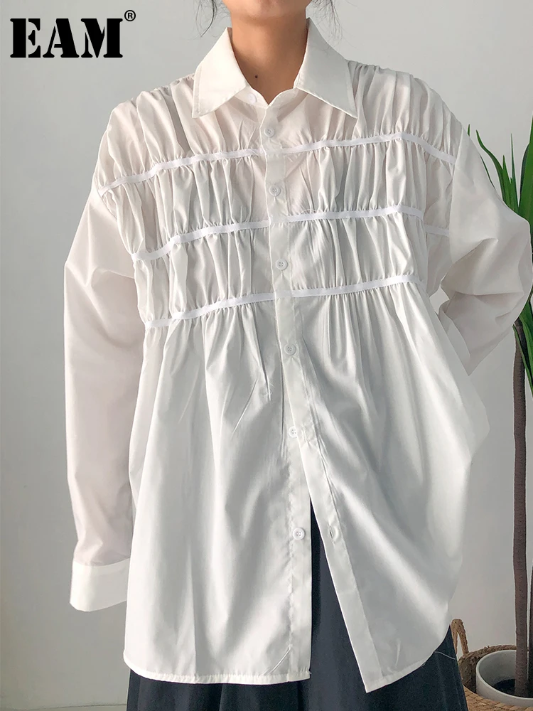 

[EAM] Women White Pleated Big Size Elegant Blouse New Lapel Long Sleeve Loose Fit Shirt Fashion Tide Spring Autumn 2023 1DF1477