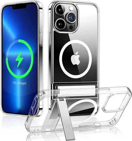 Прозрачный Магнитный чехол для телефона iPhone 16 15 14 Pro Max Plus 13 12 11 Mini с металлической подставкой для беспроводной зарядки, задняя крышка
