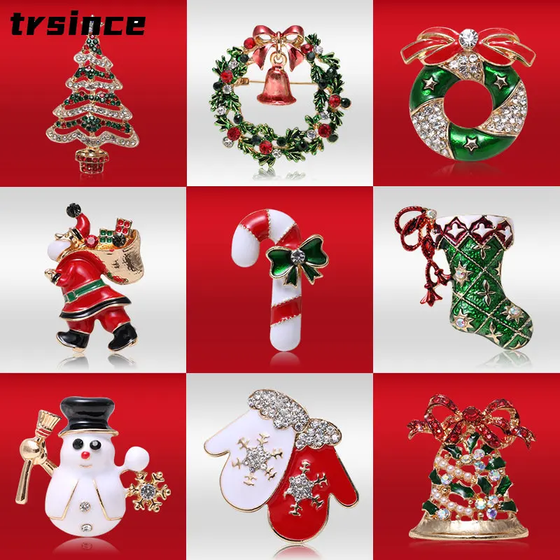 

Cartoon Holiday Decoration Christmas Gift for Kids Santa Christmas Tree Brooch Elk Sock Crutches Pins Alloy Rhinestone Corsage