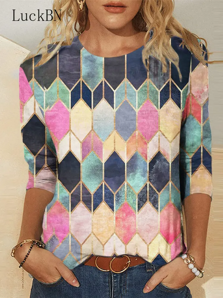 

Women's New Autumn T-Shirts Orientation Print O Neck Medium Long Sleeve Tops & Tees Slim Fit Fashion Oversized T Shirt Female