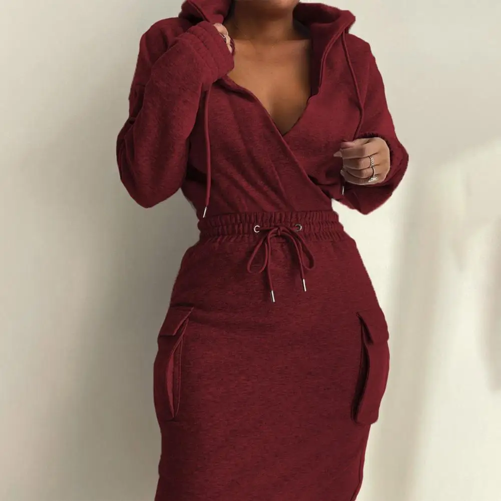 

1 Set Popular Skirt Suit Long Sleeve Slim Ladies Pure Color Hoodie Hip Wrap Skirt