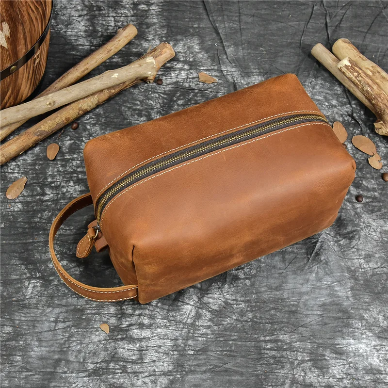 

Men Women Genuine Leather Wash Bag Toiletry Bag Organizer Toilet Cosmetic Bag Travel Purses Male Female Dopp Kits Men Leather