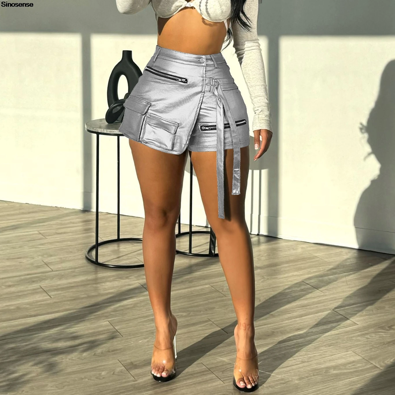 Женские Асимметричные шорты-карго из ПУ кожи с высокой талией