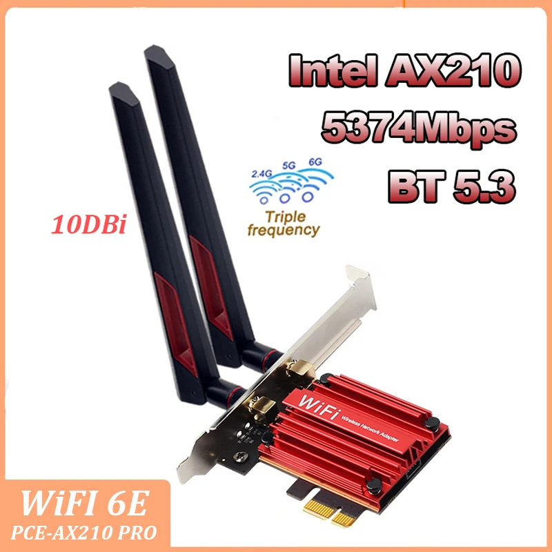 

Антенны 10 дБ Wi-Fi 6E PCIE адаптер Intel AX210 Bluetooth 5,3 беспроводной 5374 Мбит/с 2 в 1 трехдиапазонный 2,4G 5 ГГц 6 ГГц Wi-Fi 6 карт для ПК