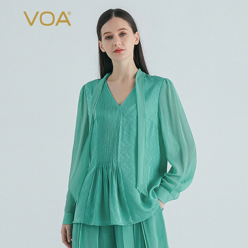 

(Fans Exclusive Discount) VOA Grass Green Jacquard Silk Tie Neck Long Sleeve Tops Womens Pleated Loose T-shirt Spring BE1295