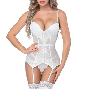 Fashion Women Bustier Corset Transparent Sexy Girdle Waist Cincher Bodydoll White Black Lingerie With G-string Underwear Set#g5 1