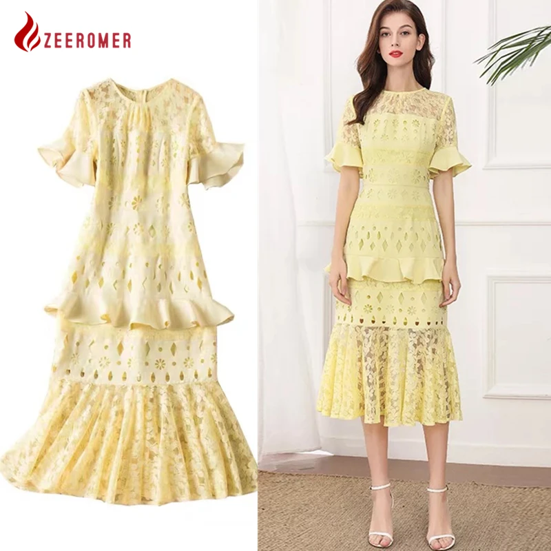 

Женское кружевное платье-русалка, элегантное подиумное желтое вечернее платье средней длины с оборками, лето 2022