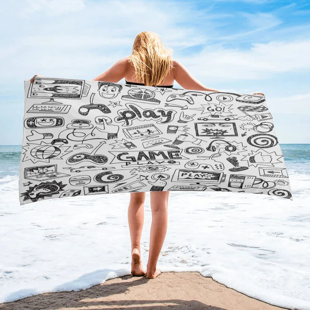 

Play Game Black White Cartoon Graffiti Bath Towel Absorbent Adult Beach Towels Face Hand Shower Towel For Bathroom Washcloth