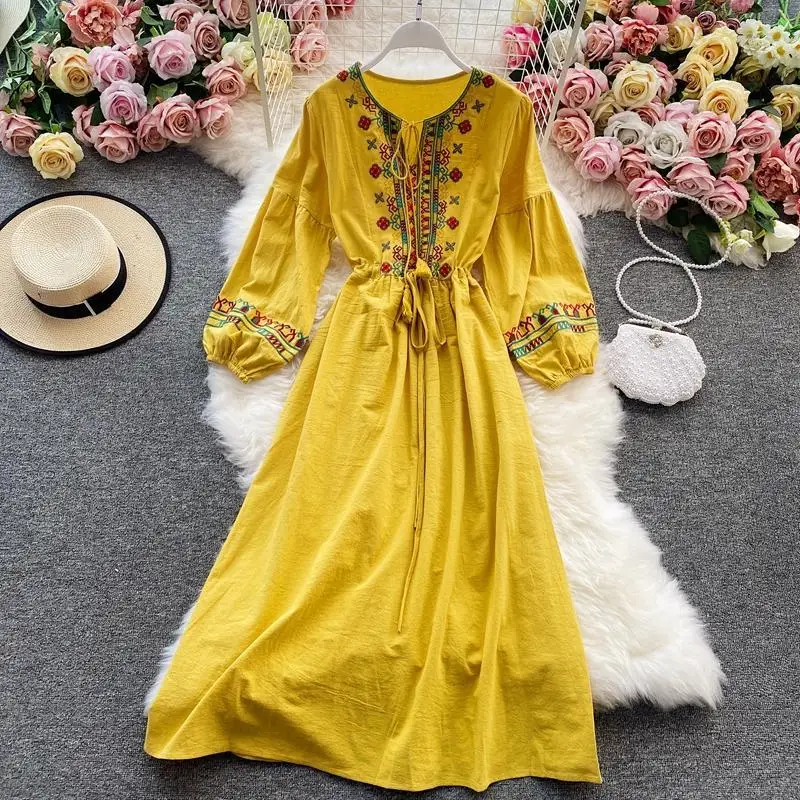 Vintage Long Sleeves O Neck Midi Calf Dress Women Summer Elegant A-line Pullover Beach Casual Embroidery Draw String Robe M355
