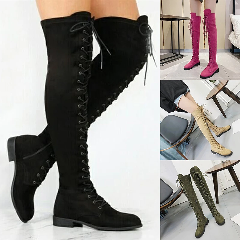 

Autumn Women Plus Size Knee High Boots Solid Color Fashion Ladies Lace Up Bnoots Low Heel Dames Schoenen