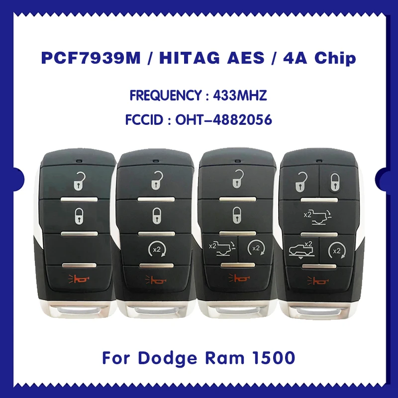 

For Dodge Ram 1500 Pickup 2-6 B Smart Prox Remote Key 433.92Mhz PCF7939M / HITAG AES / 4A Chip FCC ID: OHT-4882056 CN087044