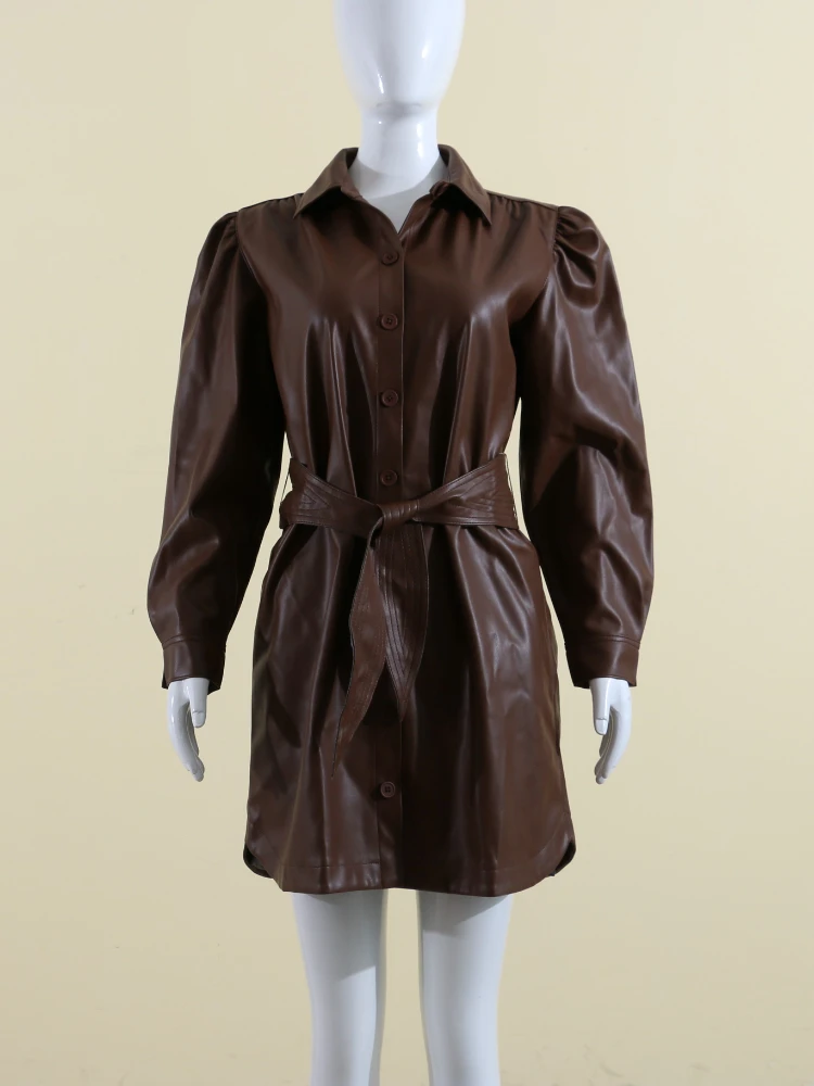 

Тренчкот женский однобортный из искусственной кожи, верхняя одежда с лацканами, на шнуровке, уличная одежда, осень-зима