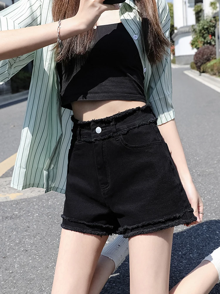 Streetwear Women High Waist Wide Leg Raw Hem Denim Shorts Spring Summer Female Frayed Retro Jeans Shorts Bottoms