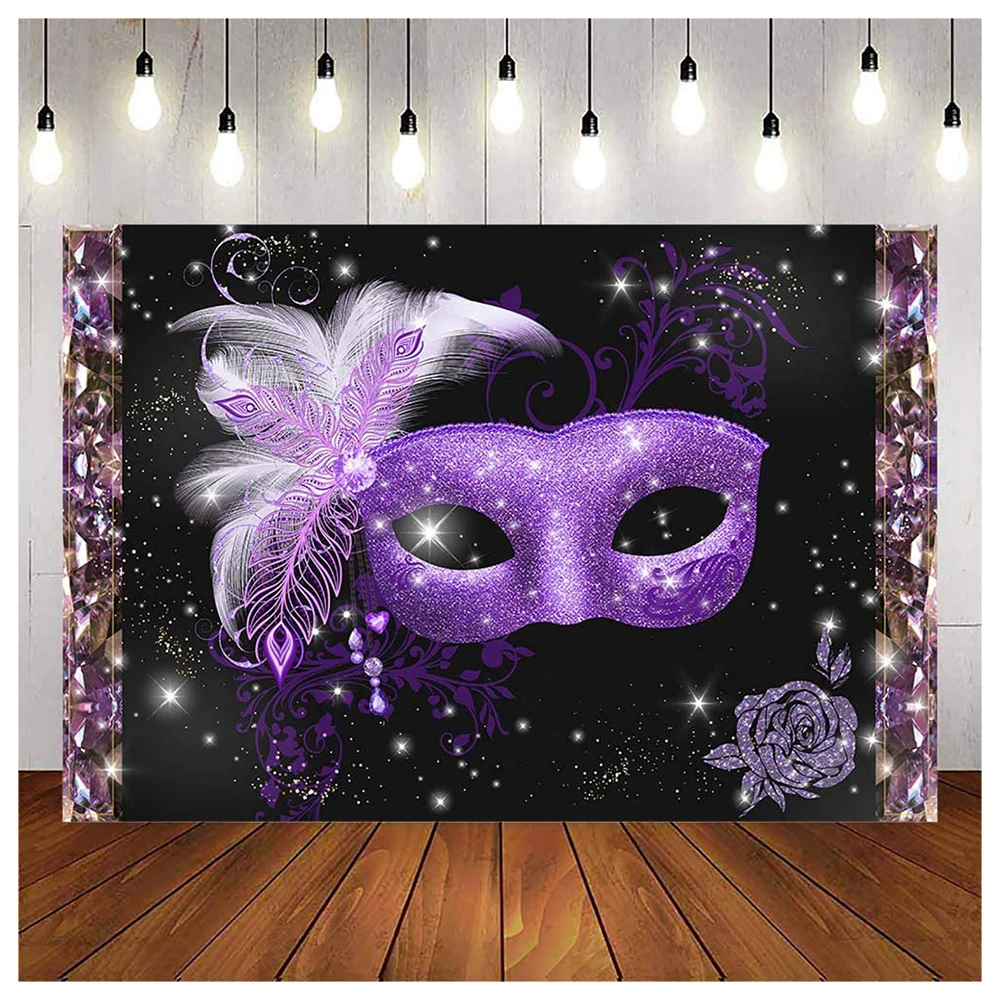 

Masquerade Party Backdrop Purple Mask Glitter Photo Background Adult Mardi Gras Dress-up Party Crystal Feather Table Banner Prop