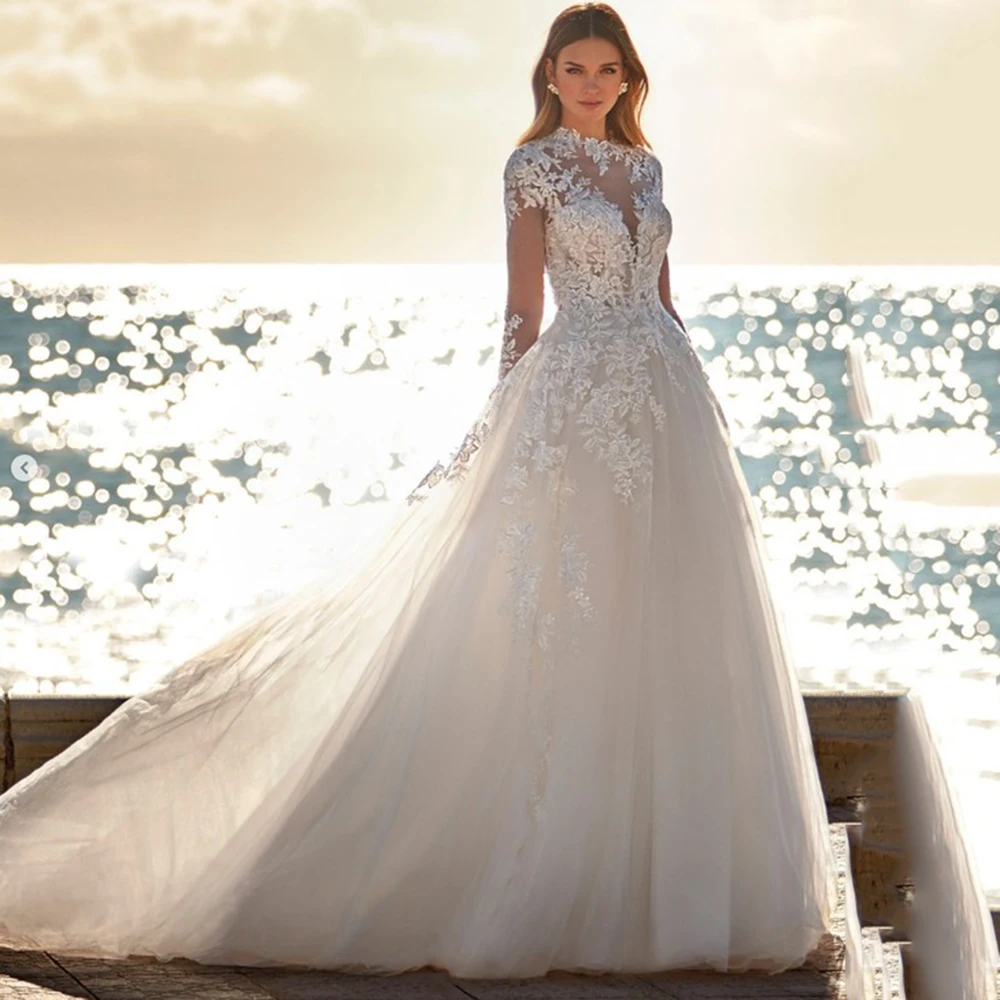 Abiti Da Sposa Con Collo Alto Principessa Appliques Di Pizzo A Maniche Lunghe Bottoni Moderni Abiti Da Sposa Illusion Backless Vestido De Casamento