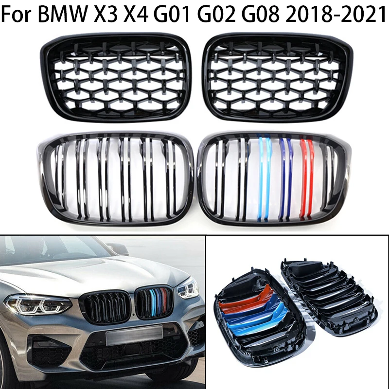 

For BMW X3 G01 G08 X4 G02 2018-2021 Racing Front Grille Hood Radiator Grill Kidney Bumper Signal/Double Slat Diamond Style