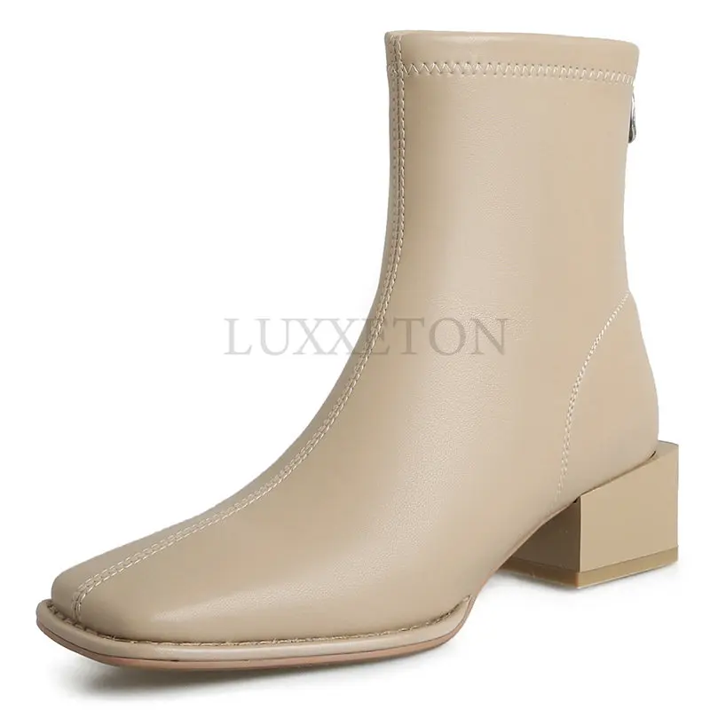 

Autumn Women Leather Ankle Boots Fashion Female Mid Thick Heels Elegant Lady White Black Apricot Square Toe Zip Shoes New